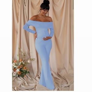 POWDER BLUE MATERNITY RUCHED MESH BARDOT JUMPSUIT